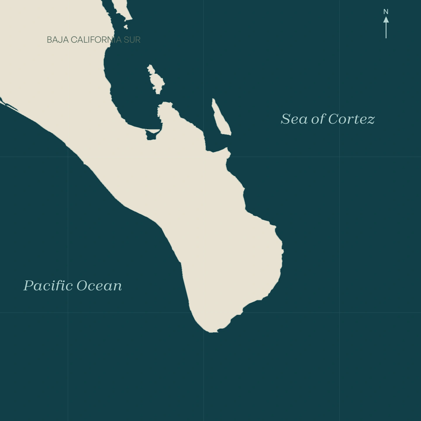 Regional map of southern Baja California Sur, with the Pacific Ocean to the west and the Sea of Cortez to the east