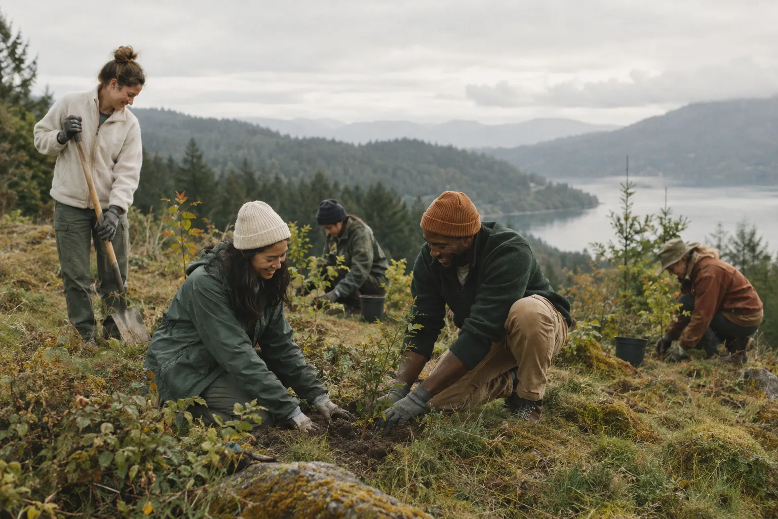 Volunteers planting native tree saplings together on a hillside