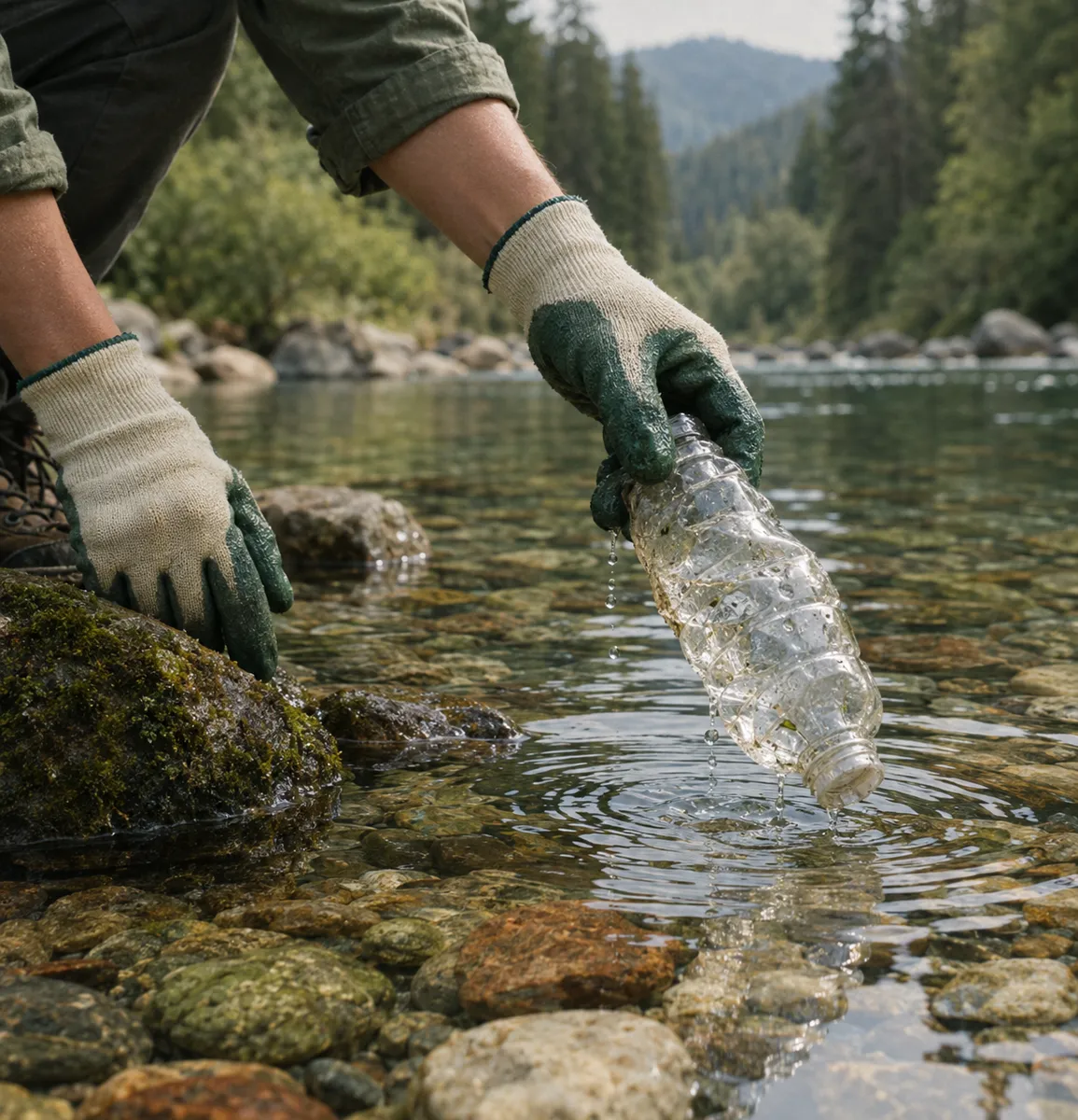 A gloved volunteer lifts a plastic bottle out of a clear river
