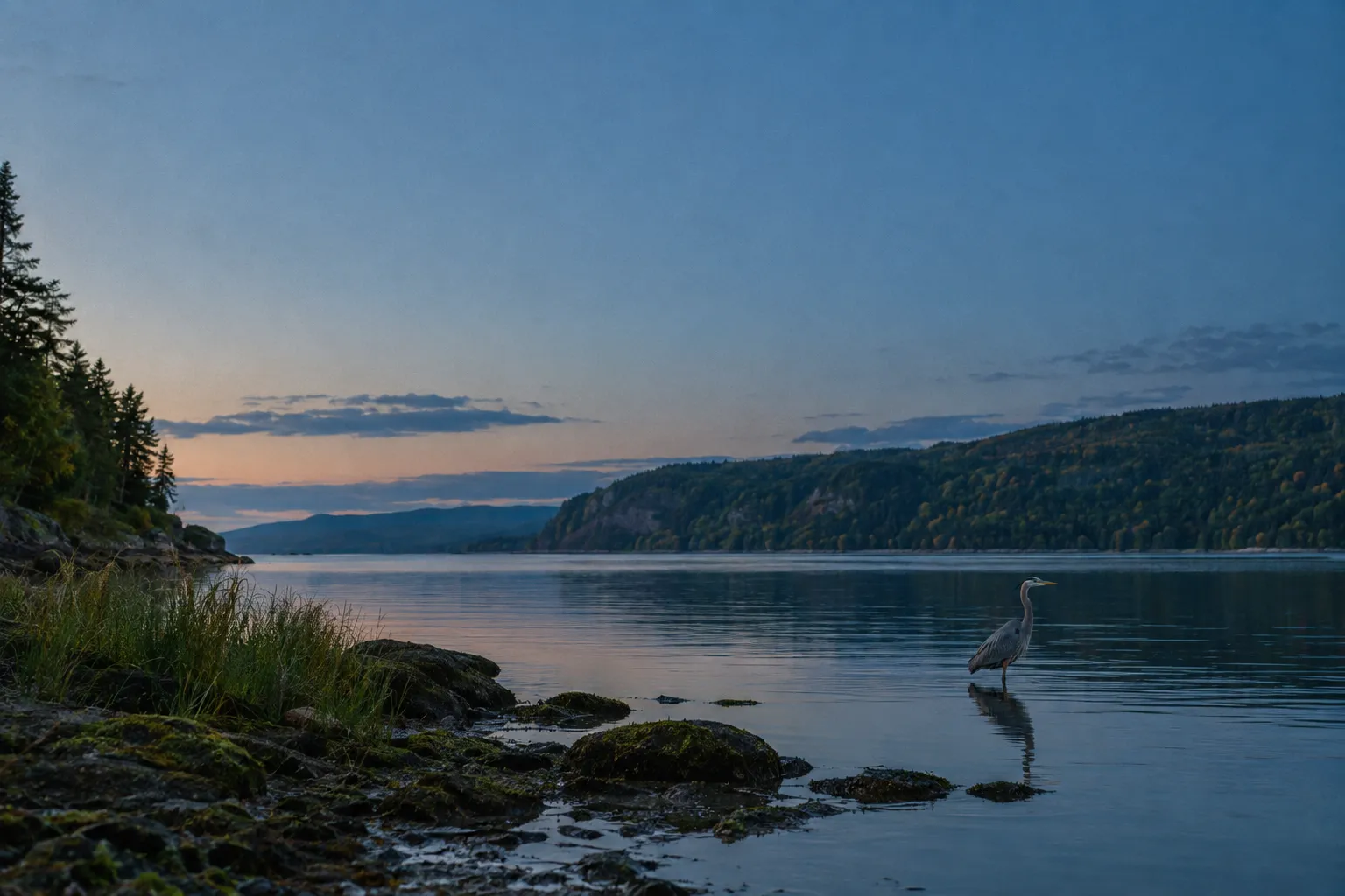 A heron stands in still water on a quiet river shoreline at blue hour